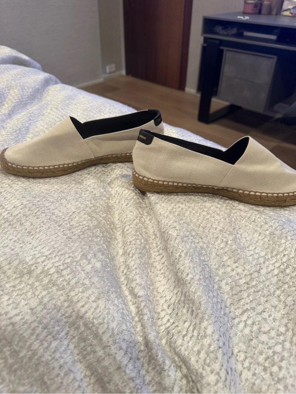 Saint Laurent Cream Canvas Espadrille Flats with Black Trim